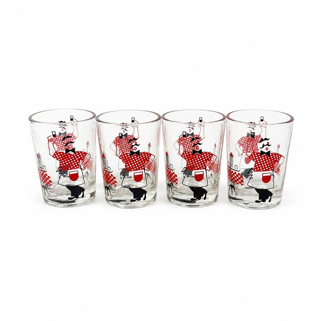 Shot Shooter Mini Juice Glasses Hazel Atlas Bartender Waiter Checkered Set 4 Vintage Mid Century Kitsch Barware Drinkrware Replacement Glass