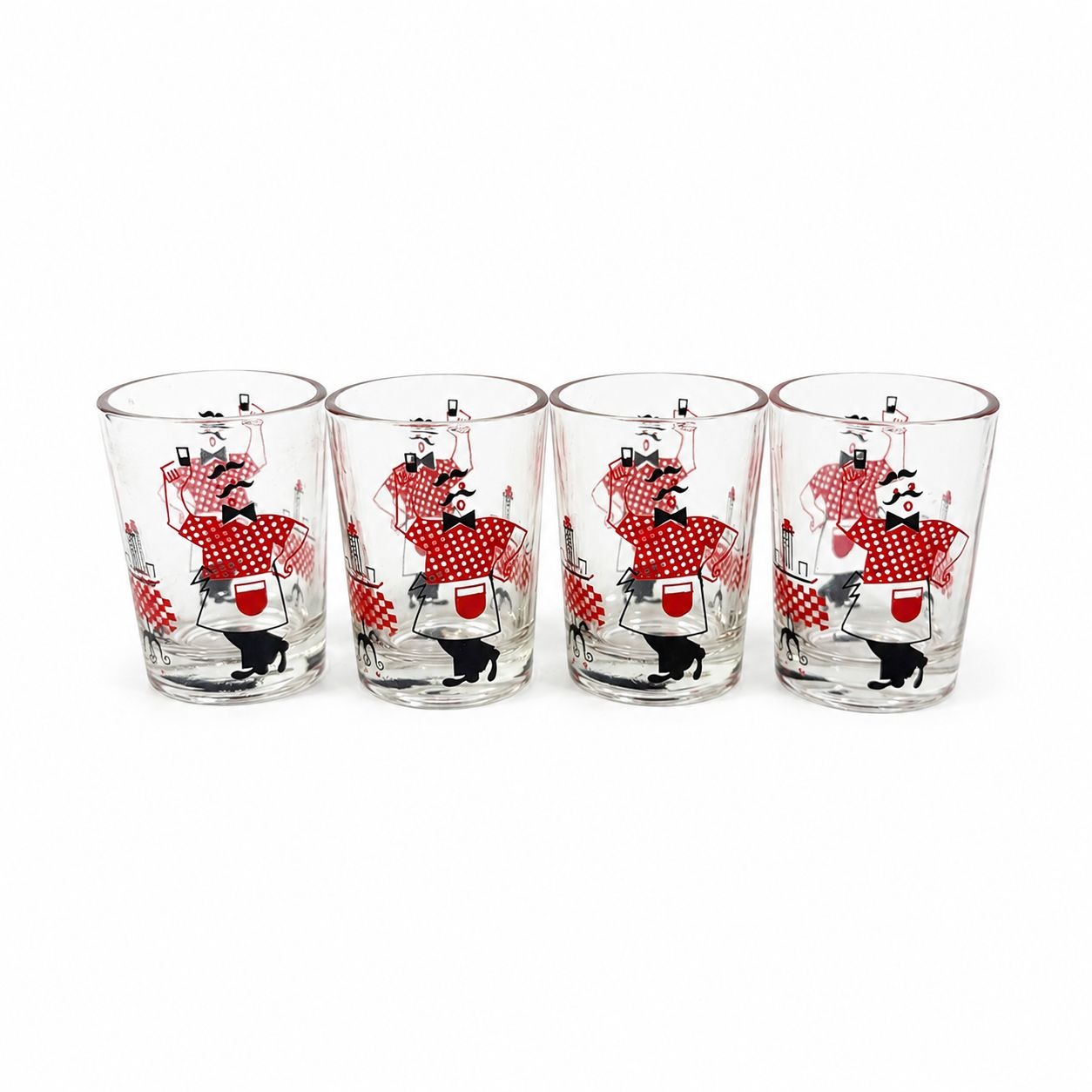 Shot Shooter Mini Juice Glasses Hazel Atlas Bartender Waiter Checkered Set 4 Vintage Mid Century Kitsch Barware Drinkrware Replacement Glass