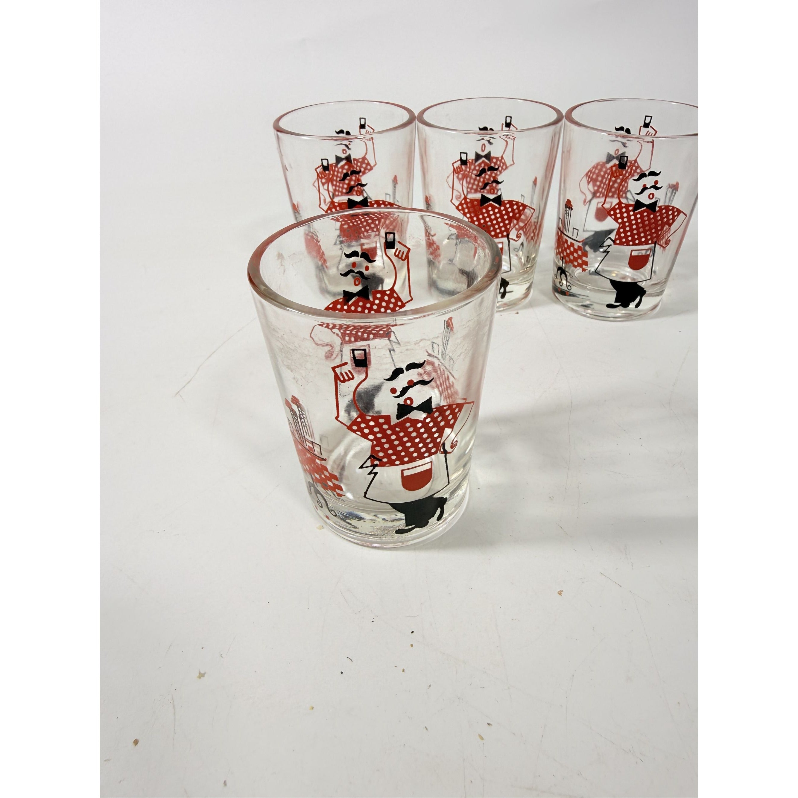 Shot Shooter Mini Juice Glasses Hazel Atlas Bartender Waiter Checkered Set 4 Vintage Mid Century Kitsch Barware Drinkrware Replacement Glass