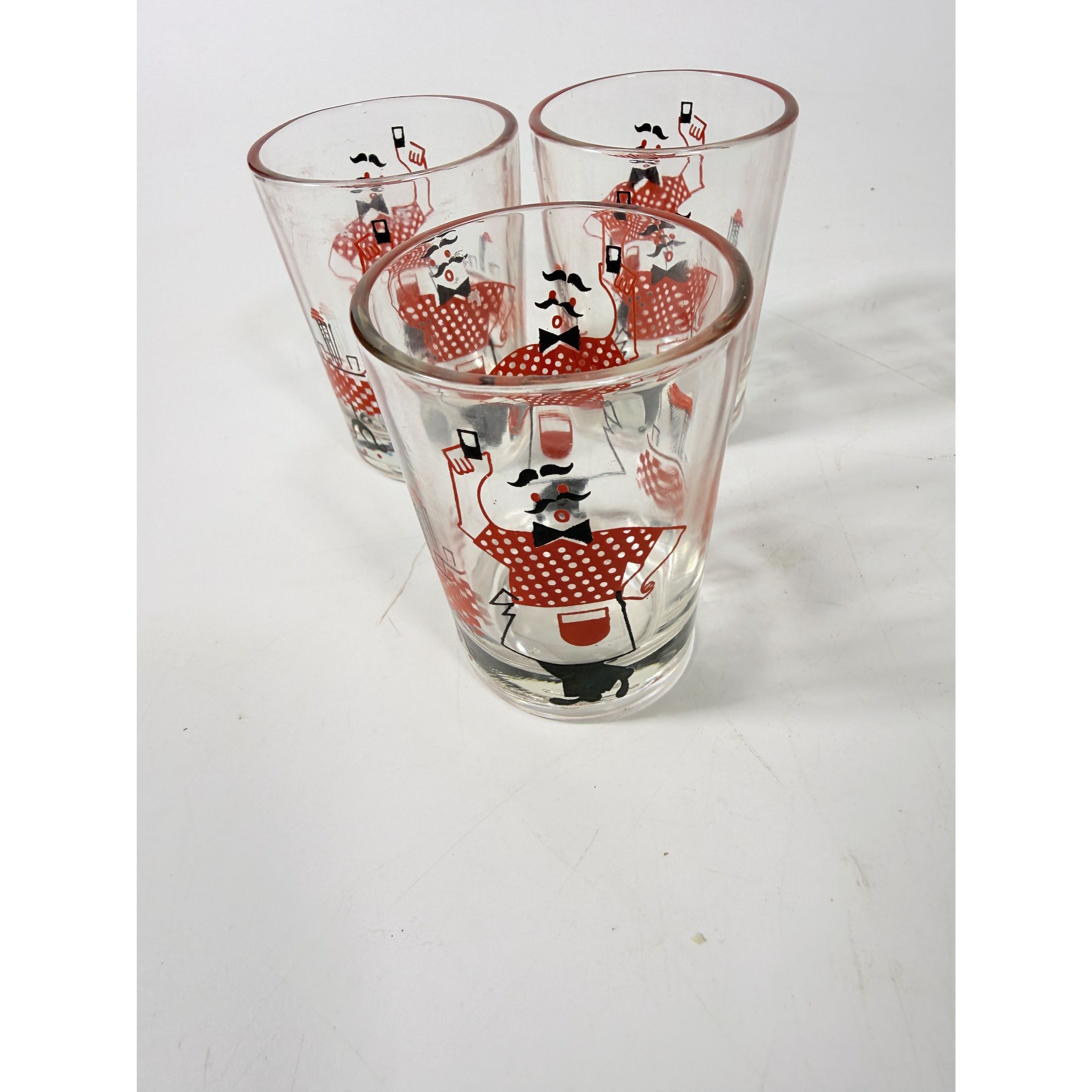 Shot Shooter Mini Juice Glasses Hazel Atlas Bartender Waiter Checkered Set 4 Vintage Mid Century Kitsch Barware Drinkrware Replacement Glass