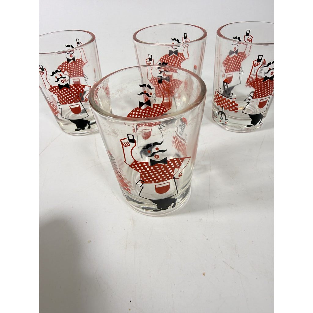 Shot Shooter Mini Juice Glasses Hazel Atlas Bartender Waiter Checkered Set 4 Vintage Mid Century Kitsch Barware Drinkrware Replacement Glass