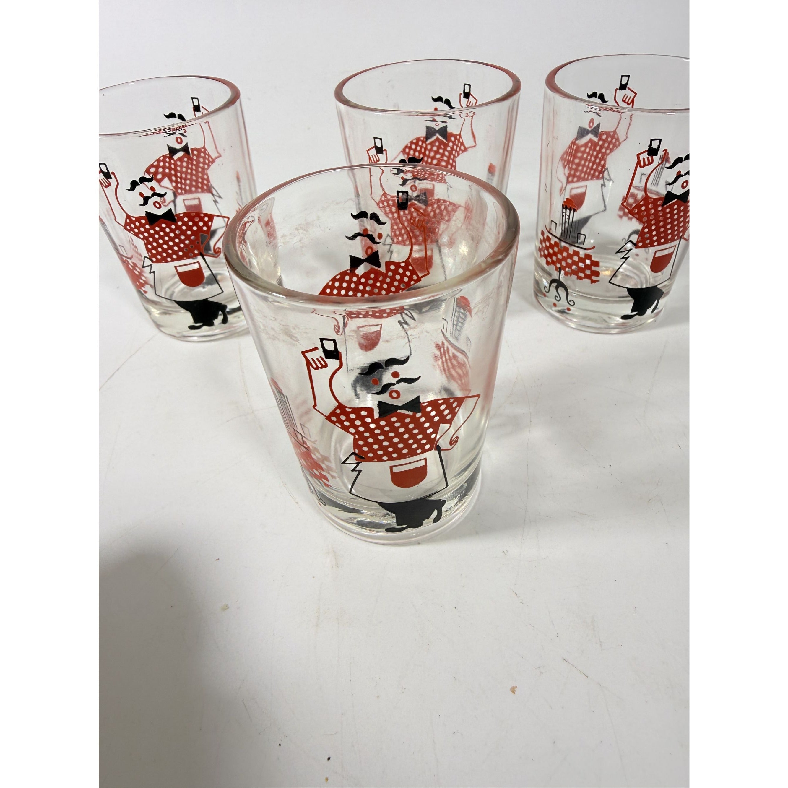 Shot Shooter Mini Juice Glasses Hazel Atlas Bartender Waiter Checkered Set 4 Vintage Mid Century Kitsch Barware Drinkrware Replacement Glass