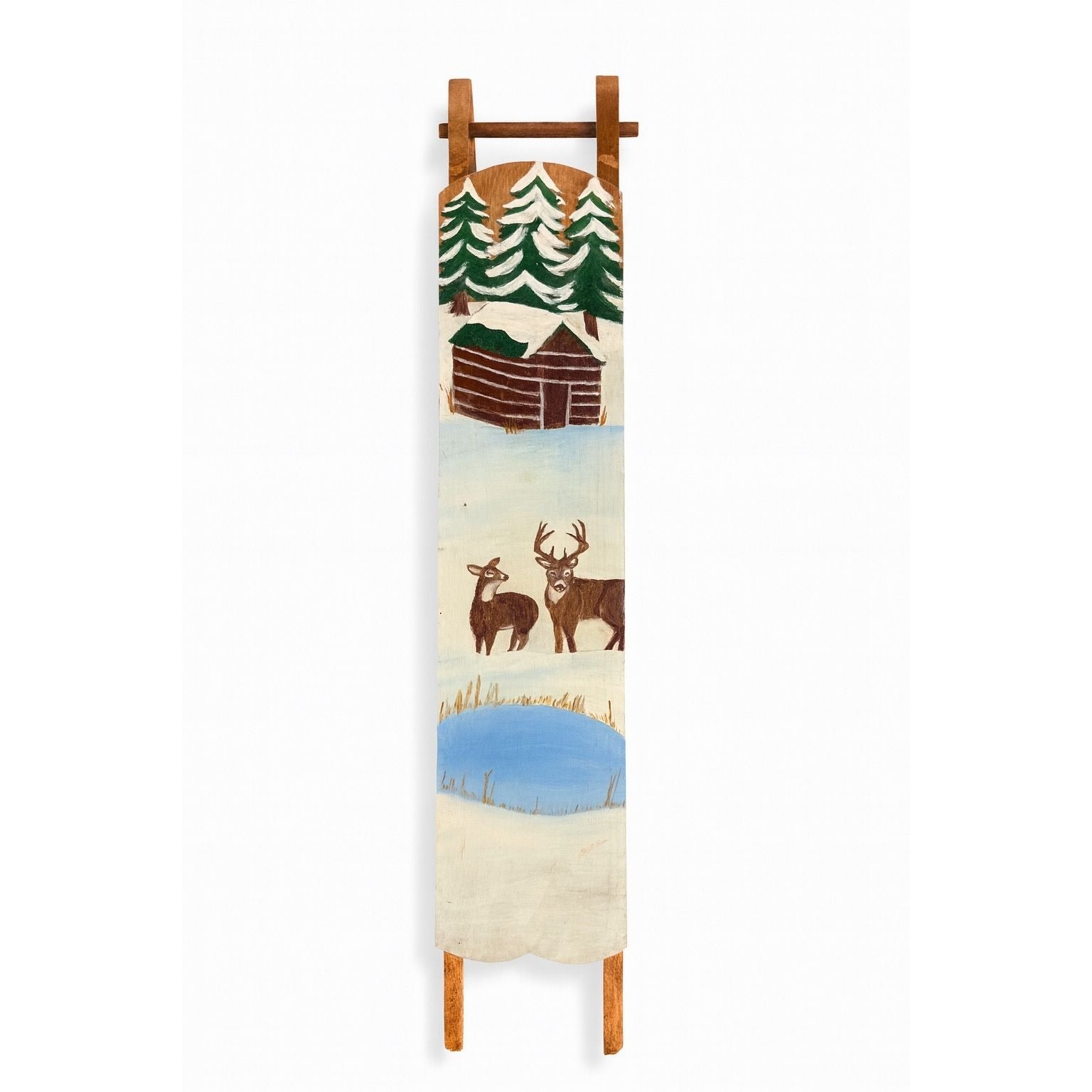 Wood Mini Sleigh Door Art Wall Decor Hand Painted Deer Cabin Snow Winter Wooden Primtive Folk Art Cottage Core Mountain Holiday Decor