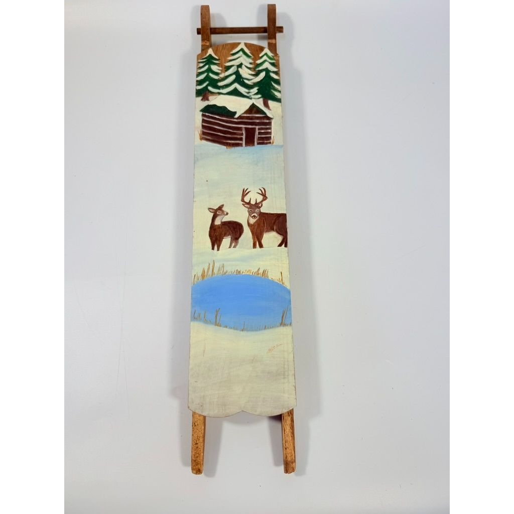 Wood Mini Sleigh Door Art Wall Decor Hand Painted Deer Cabin Snow Winter Wooden Primtive Folk Art Cottage Core Mountain Holiday Decor