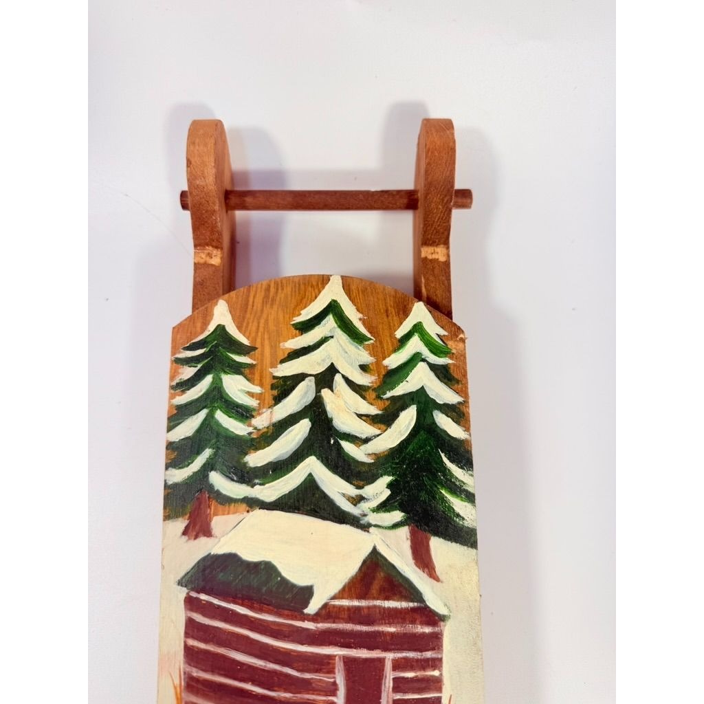 Wood Mini Sleigh Door Art Wall Decor Hand Painted Deer Cabin Snow Winter Wooden Primtive Folk Art Cottage Core Mountain Holiday Decor