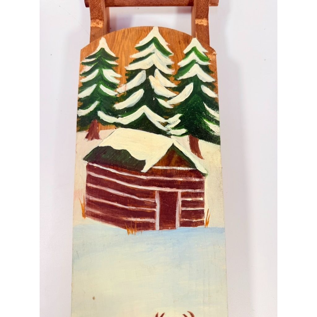 Wood Mini Sleigh Door Art Wall Decor Hand Painted Deer Cabin Snow Winter Wooden Primtive Folk Art Cottage Core Mountain Holiday Decor