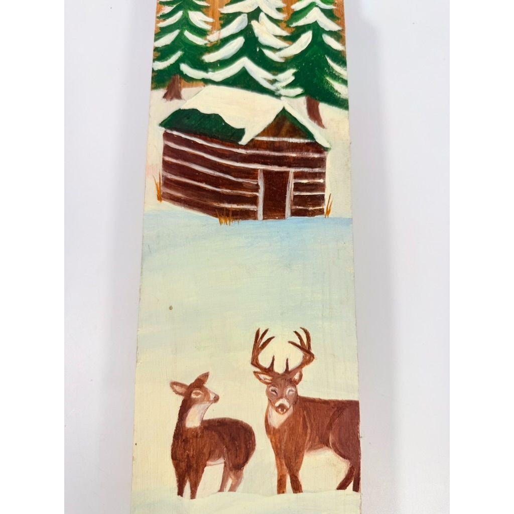 Wood Mini Sleigh Door Art Wall Decor Hand Painted Deer Cabin Snow Winter Wooden Primtive Folk Art Cottage Core Mountain Holiday Decor