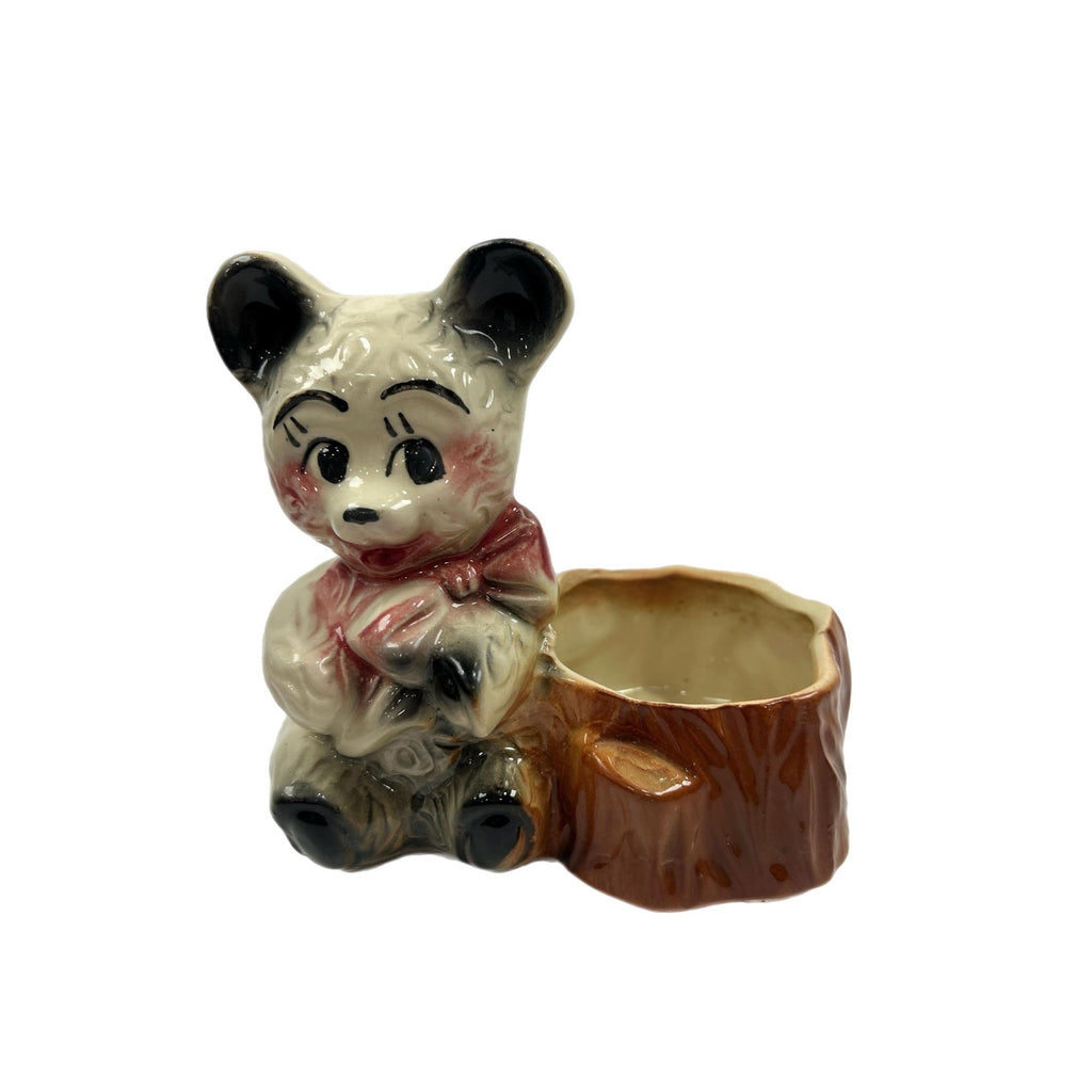 Glazed Hand Painted Planter Pot Succulent Flowers Panda Teddy Bear Pink Bow Tie on Stump Vintage Mid Century Anthropomorphic Kitschy
