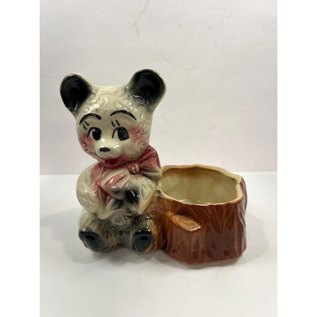 Glazed Hand Painted Planter Pot Succulent Flowers Panda Teddy Bear Pink Bow Tie on Stump Vintage Mid Century Anthropomorphic Kitschy