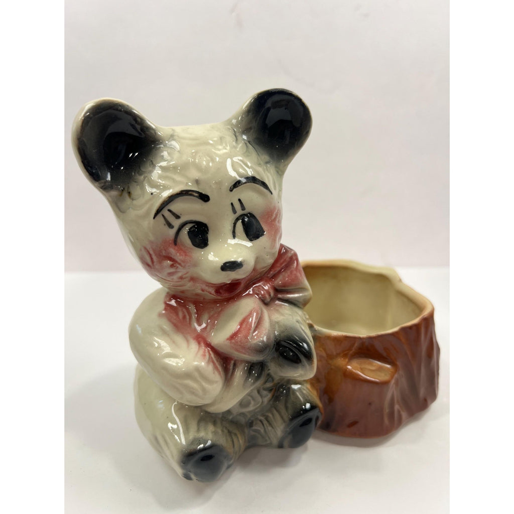 Glazed Hand Painted Planter Pot Succulent Flowers Panda Teddy Bear Pink Bow Tie on Stump Vintage Mid Century Anthropomorphic Kitschy