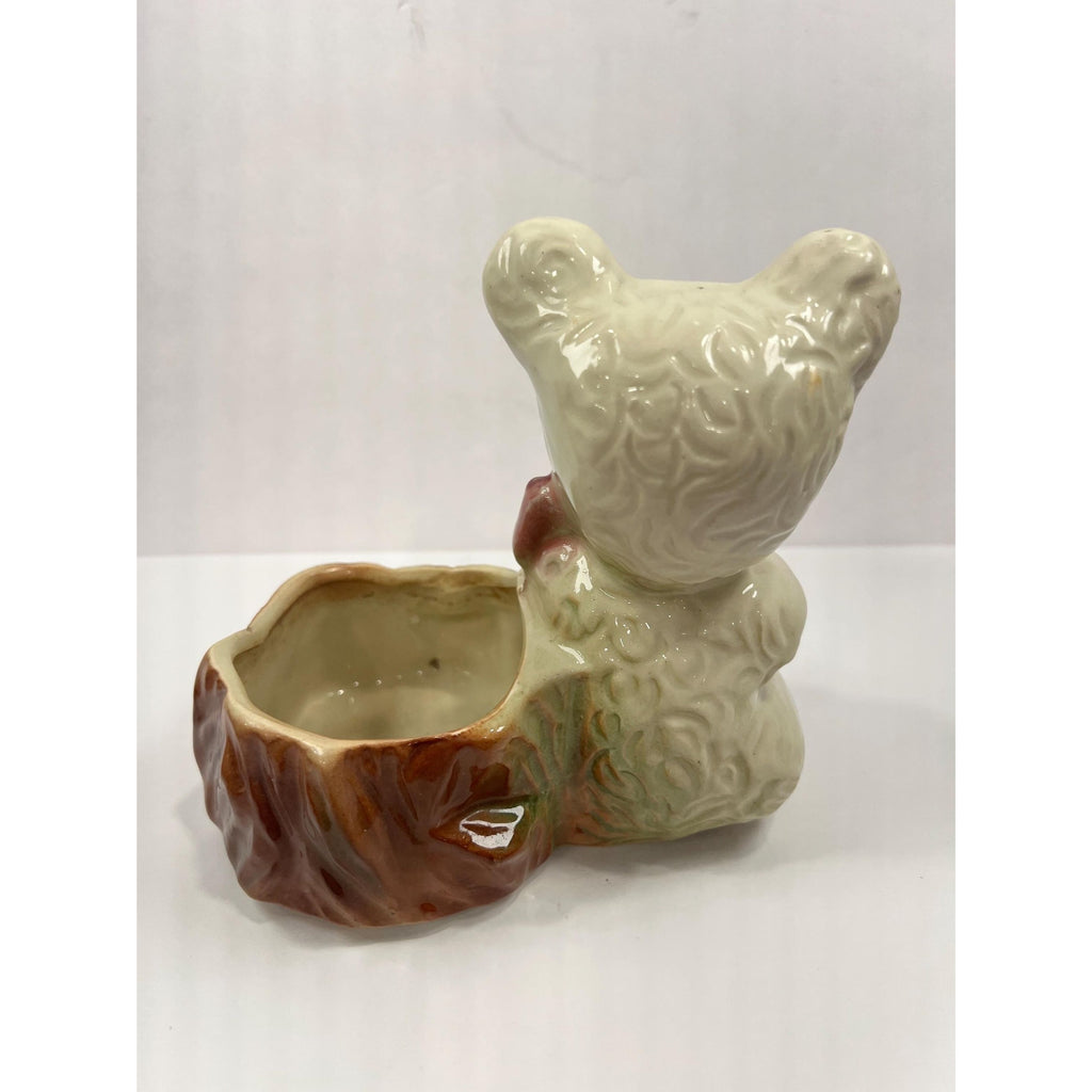 Glazed Hand Painted Planter Pot Succulent Flowers Panda Teddy Bear Pink Bow Tie on Stump Vintage Mid Century Anthropomorphic Kitschy
