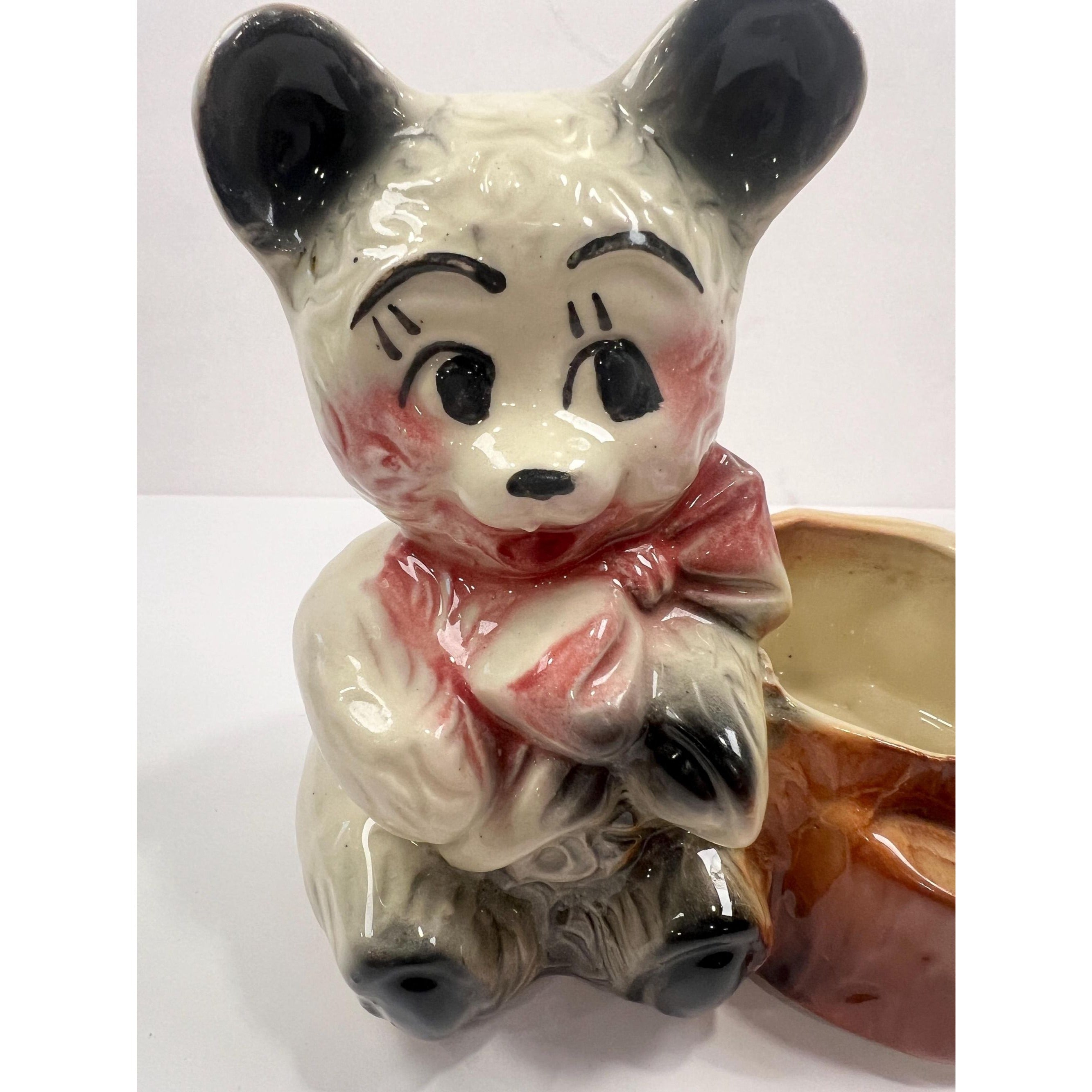 Glazed Hand Painted Planter Pot Succulent Flowers Panda Teddy Bear Pink Bow Tie on Stump Vintage Mid Century Anthropomorphic Kitschy