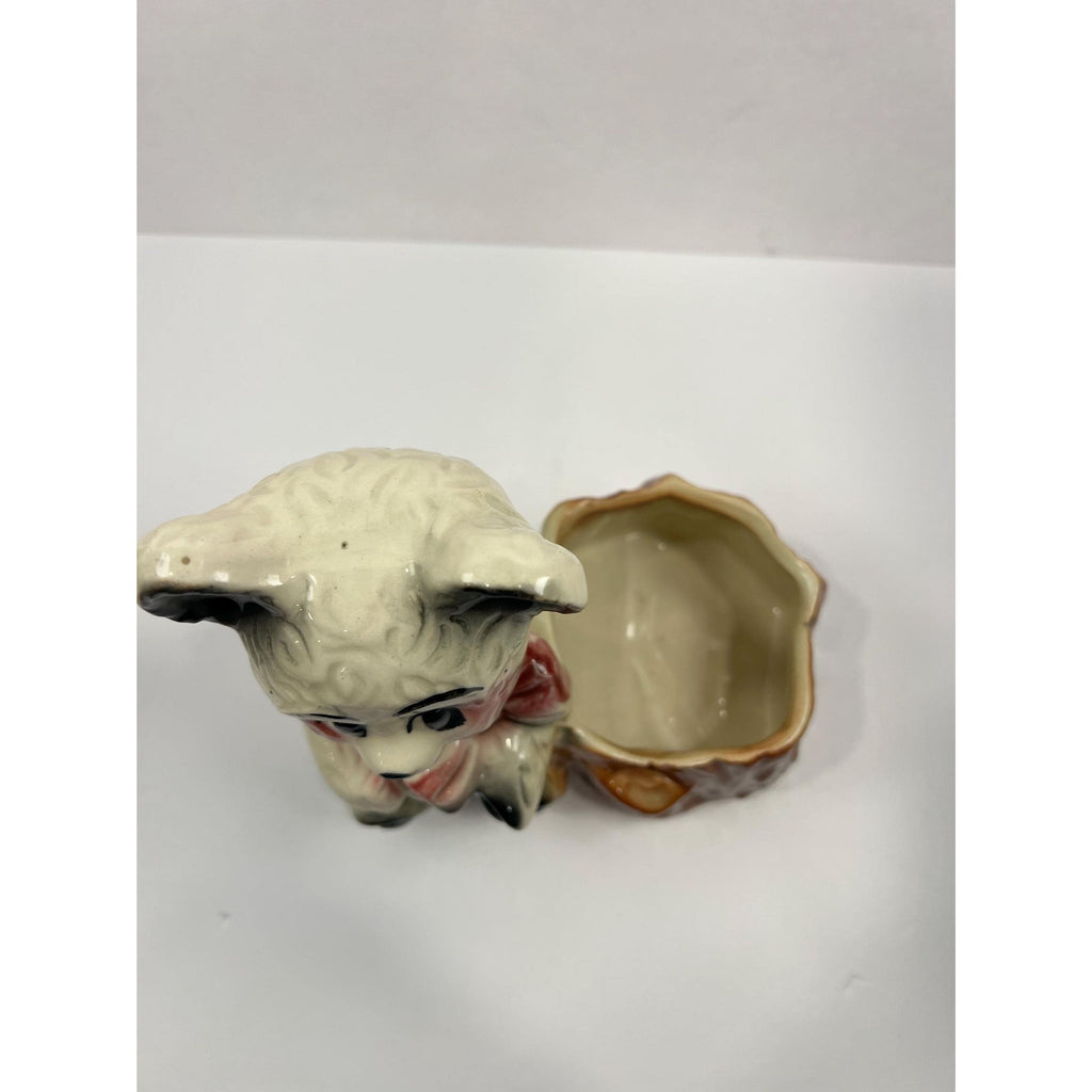 Glazed Hand Painted Planter Pot Succulent Flowers Panda Teddy Bear Pink Bow Tie on Stump Vintage Mid Century Anthropomorphic Kitschy