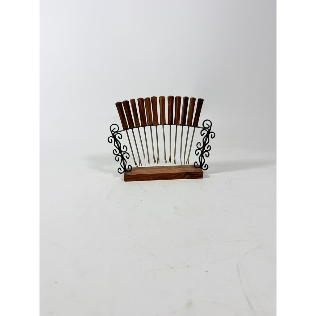 Cocktail Forks Set on Stand Vintage KGD Japan Set 12 Rosewood Stainless Vintage Hostess Party Appitizer Hors D'Oeuvre Wood and Metal