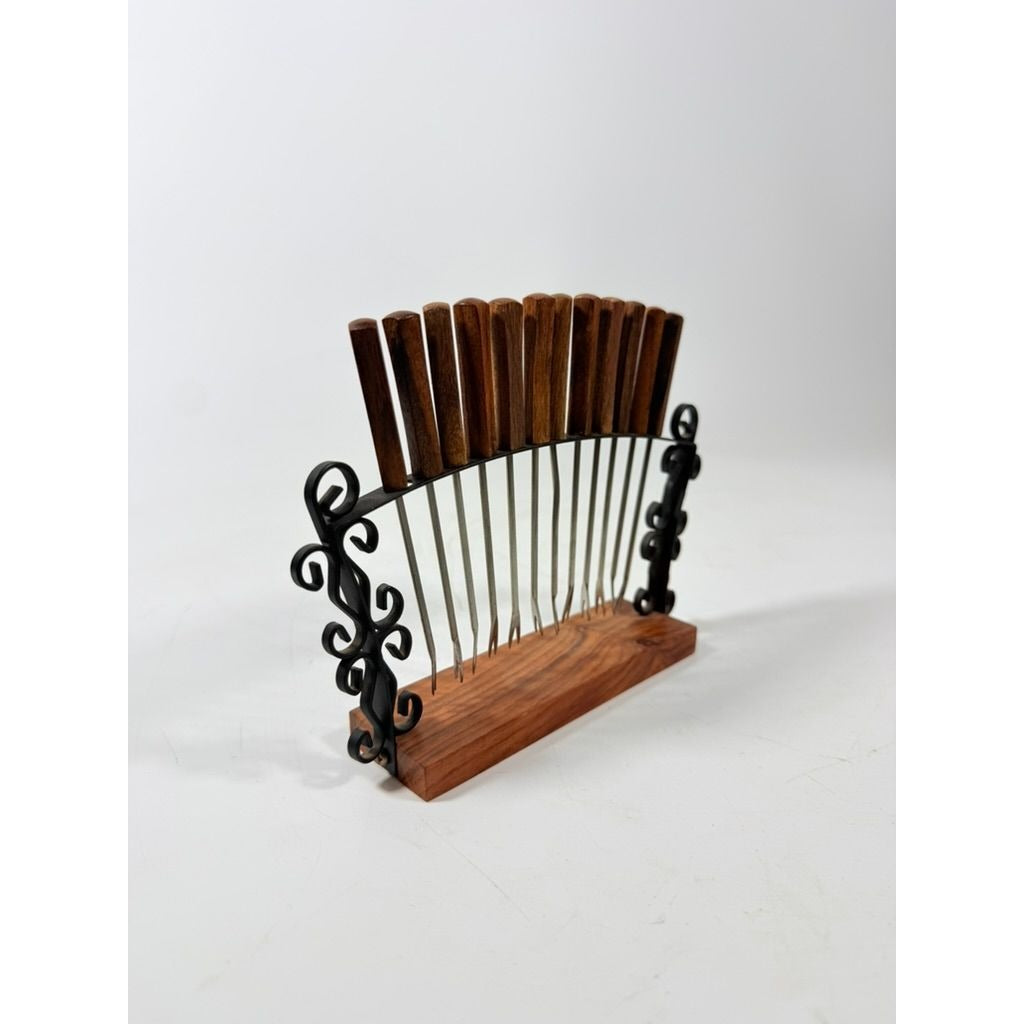 Cocktail Forks Set on Stand Vintage KGD Japan Set 12 Rosewood Stainless Vintage Hostess Party Appitizer Hors D'Oeuvre Wood and Metal