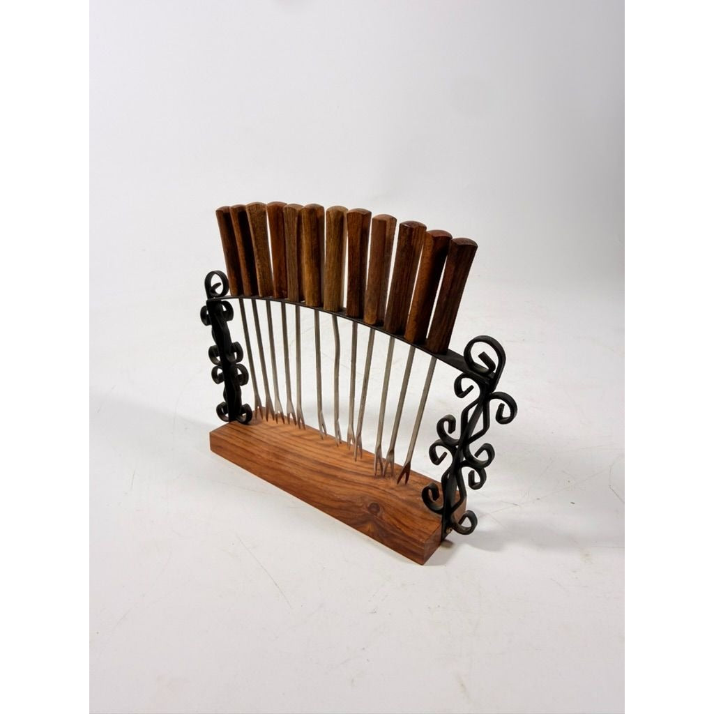Cocktail Forks Set on Stand Vintage KGD Japan Set 12 Rosewood Stainless Vintage Hostess Party Appitizer Hors D'Oeuvre Wood and Metal