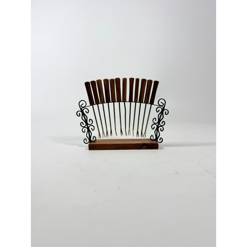 Cocktail Forks Set on Stand Vintage KGD Japan Set 12 Rosewood Stainless Vintage Hostess Party Appitizer Hors D'Oeuvre Wood and Metal