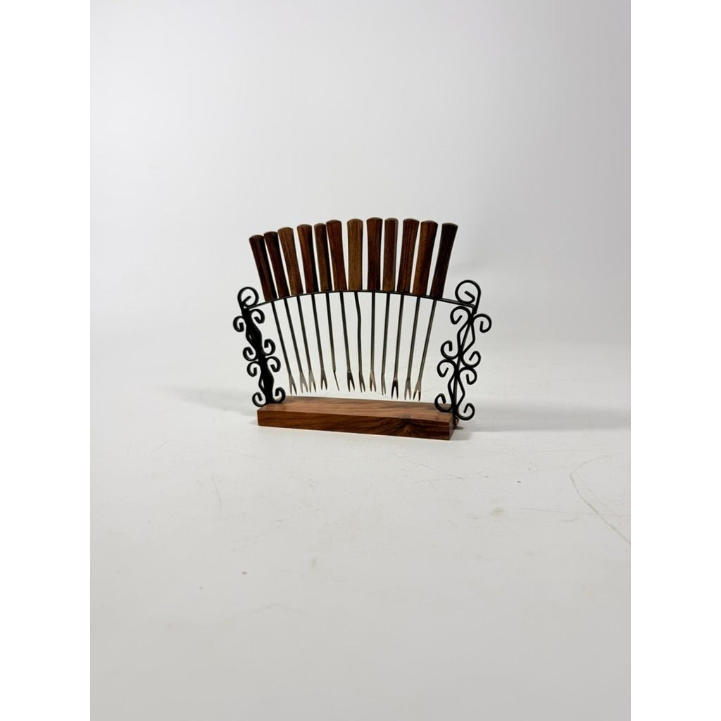 Cocktail Forks Set on Stand Vintage KGD Japan Set 12 Rosewood Stainless Vintage Hostess Party Appitizer Hors D'Oeuvre Wood and Metal