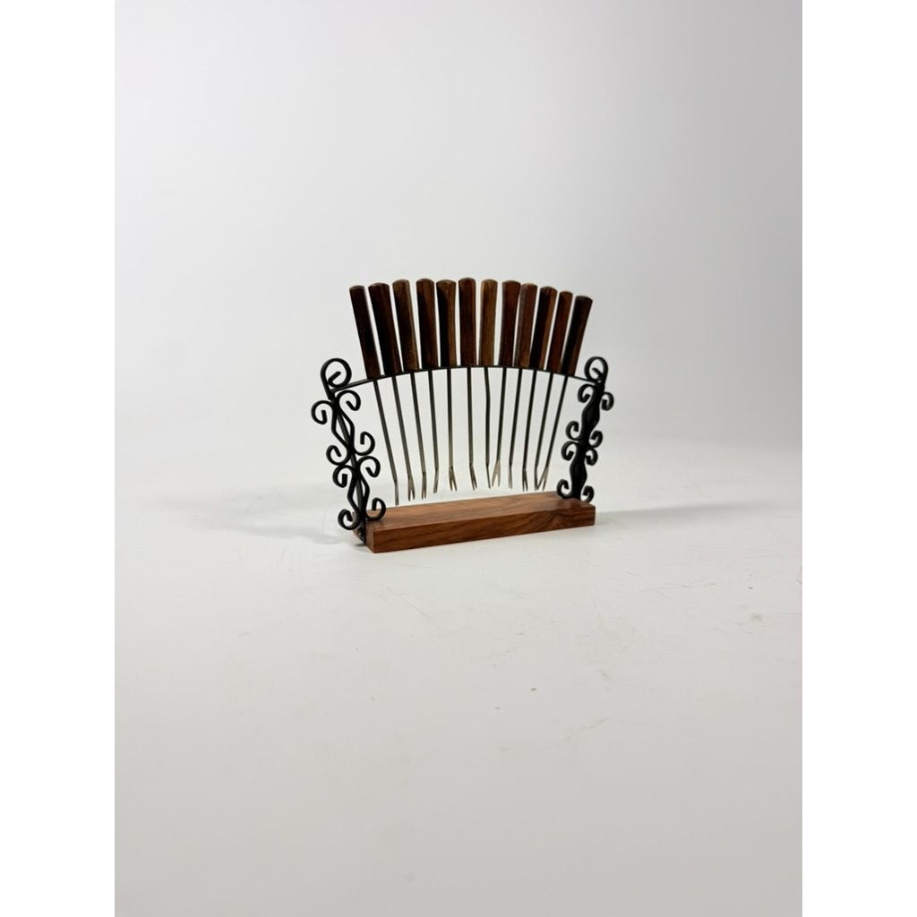 Cocktail Forks Set on Stand Vintage KGD Japan Set 12 Rosewood Stainless Vintage Hostess Party Appitizer Hors D'Oeuvre Wood and Metal