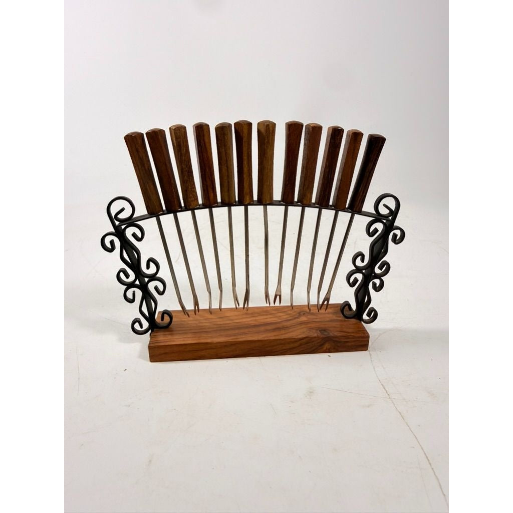 Cocktail Forks Set on Stand Vintage KGD Japan Set 12 Rosewood Stainless Vintage Hostess Party Appitizer Hors D'Oeuvre Wood and Metal