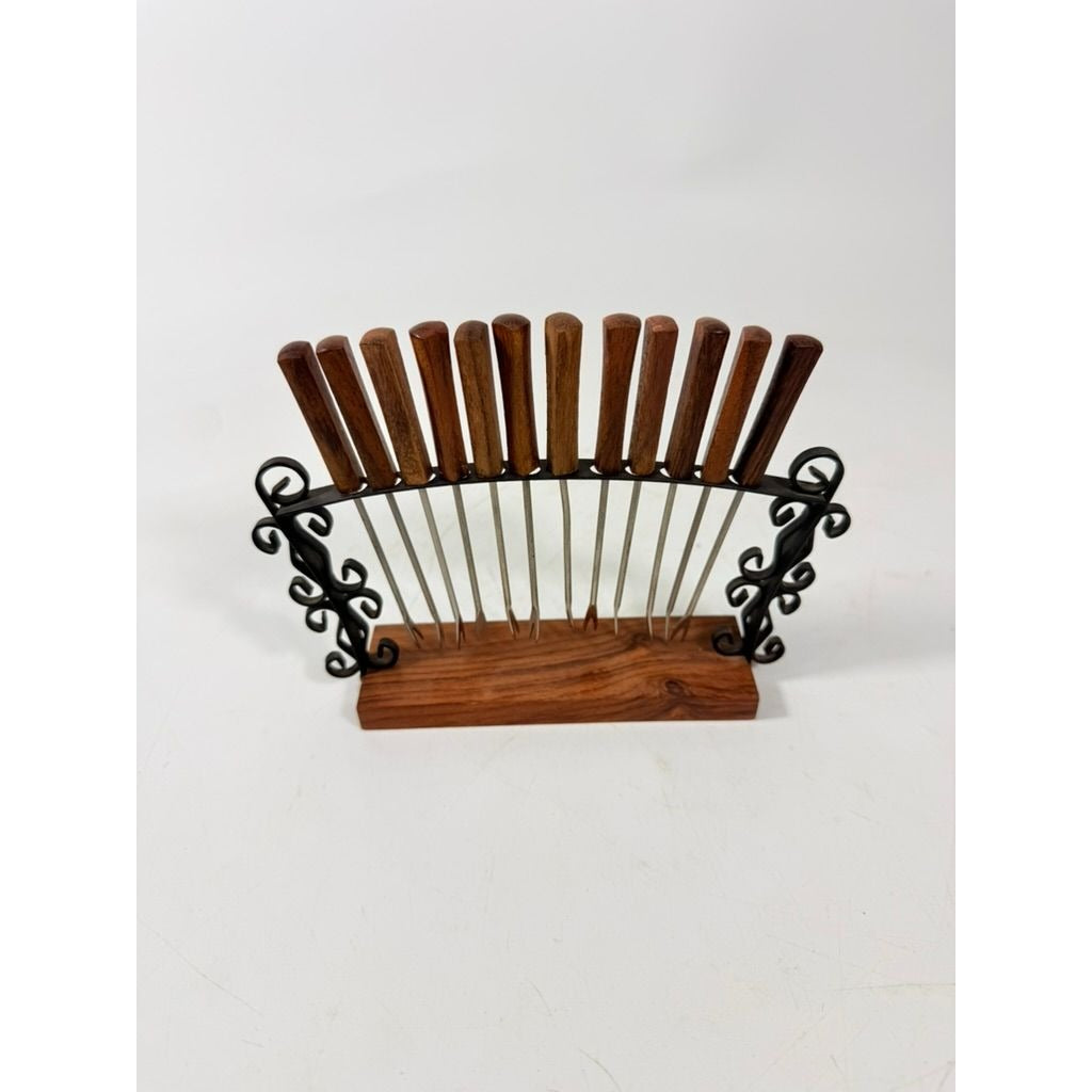 Cocktail Forks Set on Stand Vintage KGD Japan Set 12 Rosewood Stainless Vintage Hostess Party Appitizer Hors D'Oeuvre Wood and Metal