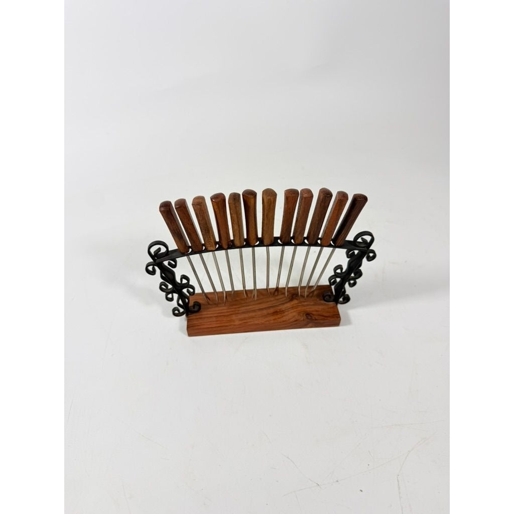 Cocktail Forks Set on Stand Vintage KGD Japan Set 12 Rosewood Stainless Vintage Hostess Party Appitizer Hors D'Oeuvre Wood and Metal