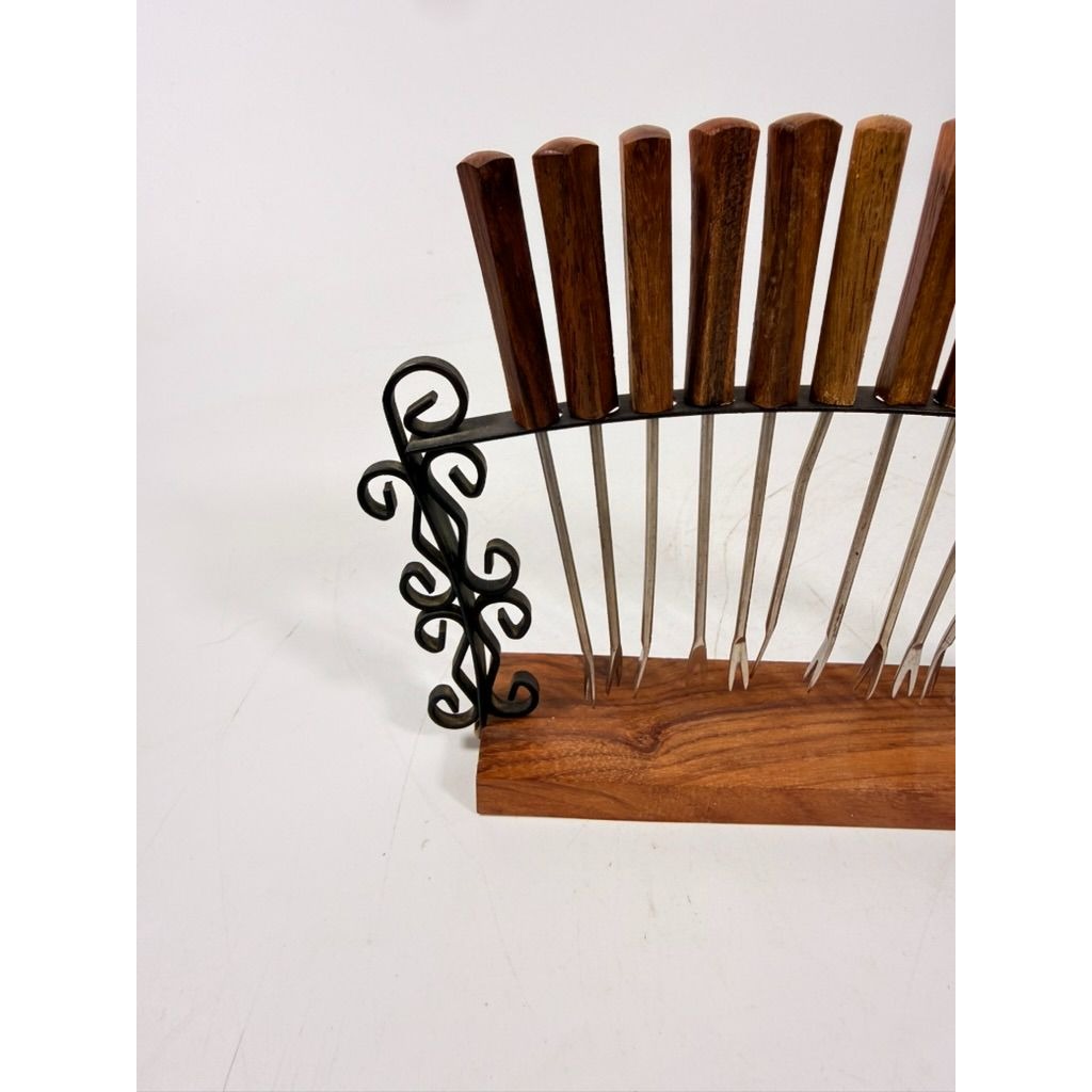 Cocktail Forks Set on Stand Vintage KGD Japan Set 12 Rosewood Stainless Vintage Hostess Party Appitizer Hors D'Oeuvre Wood and Metal