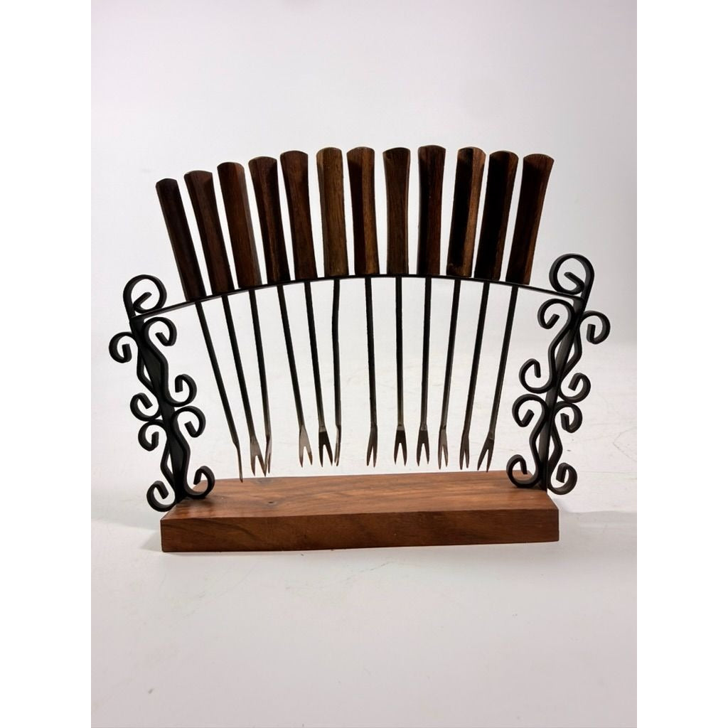 Cocktail Forks Set on Stand Vintage KGD Japan Set 12 Rosewood Stainless Vintage Hostess Party Appitizer Hors D'Oeuvre Wood and Metal