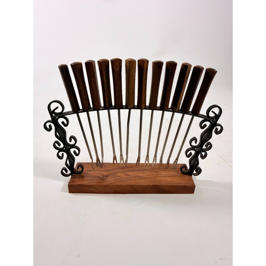 Cocktail Forks Set on Stand Vintage KGD Japan Set 12 Rosewood Stainless Vintage Hostess Party Appitizer Hors D'Oeuvre Wood and Metal