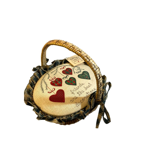 Christmas Handwoven Wicker Basket with embroidery Cover Valories Folk Art Aplique Friend Heart Ornaments Vintage Granny Core Primitive Gift
