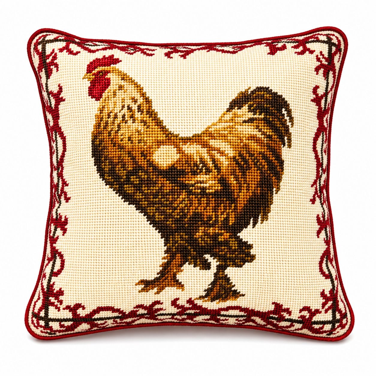 Throw Pillow Rooster Chicken Needlepoint Vintage Red Brown Velvet backed Farmhouse Cottage Core Traditional Home Decor Decorative Accents