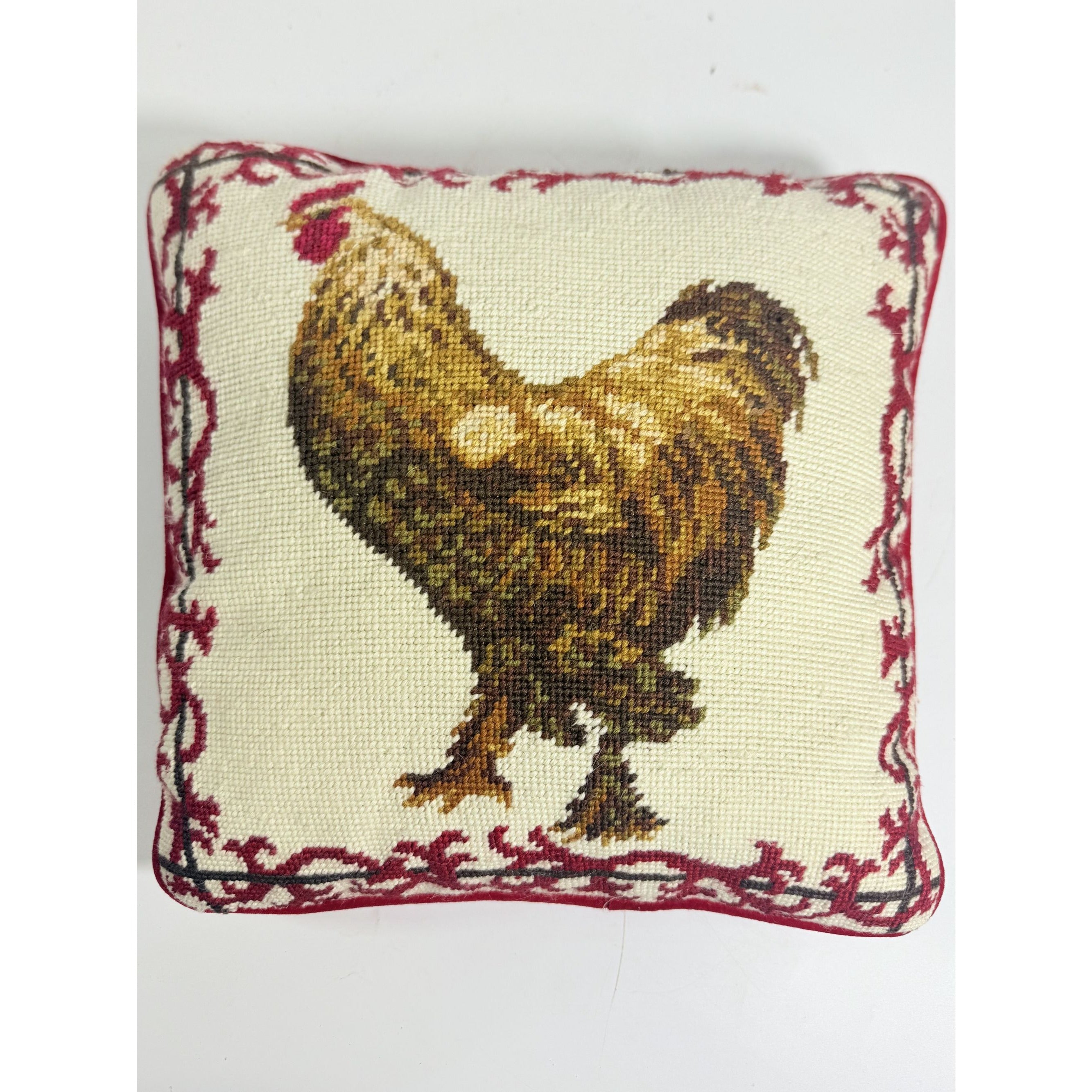 Throw Pillow Rooster Chicken Needlepoint Vintage Red Brown Velvet backed Farmhouse Cottage Core Traditional Home Decor Decorative Accents