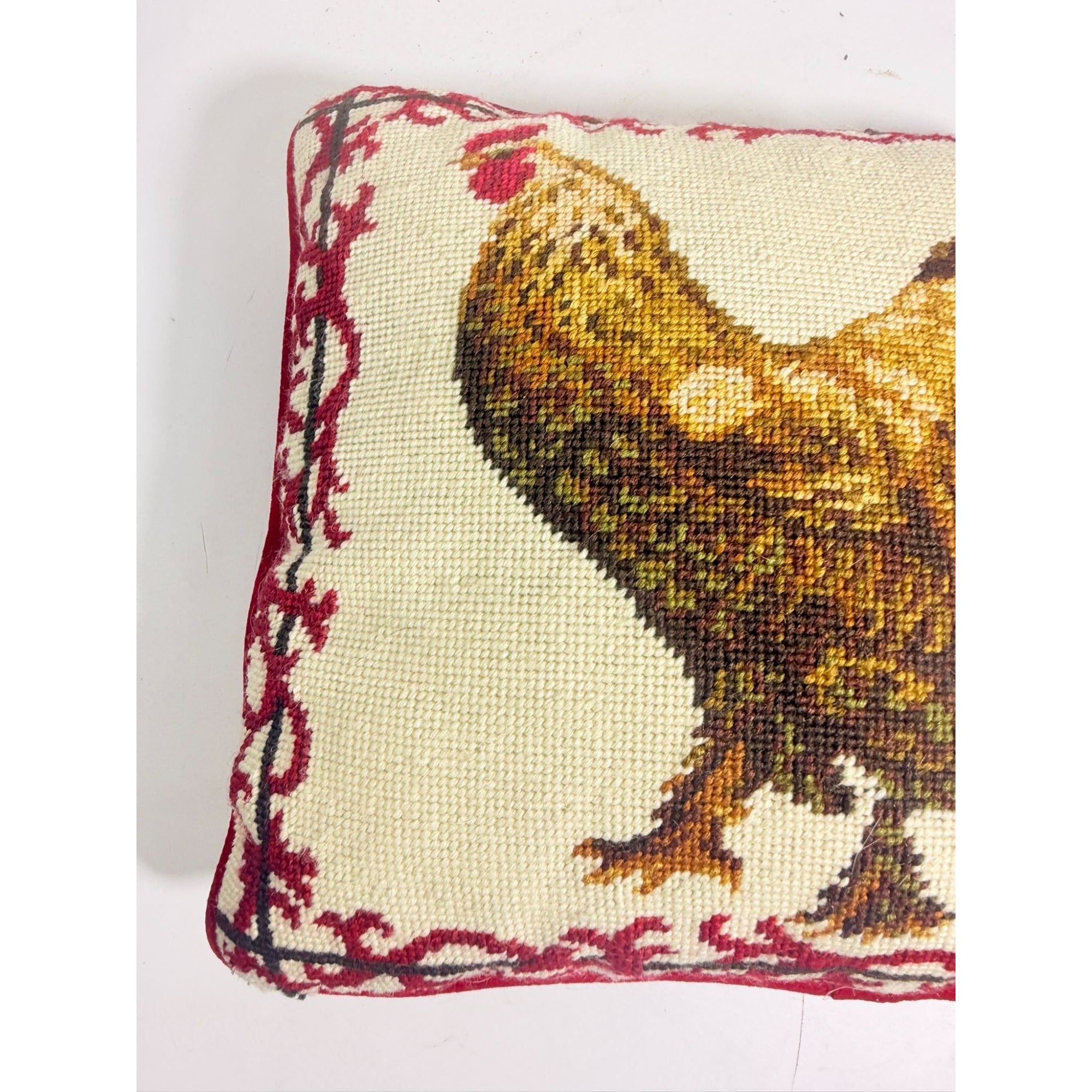 Throw Pillow Rooster Chicken Needlepoint Vintage Red Brown Velvet backed Farmhouse Cottage Core Traditional Home Decor Decorative Accents