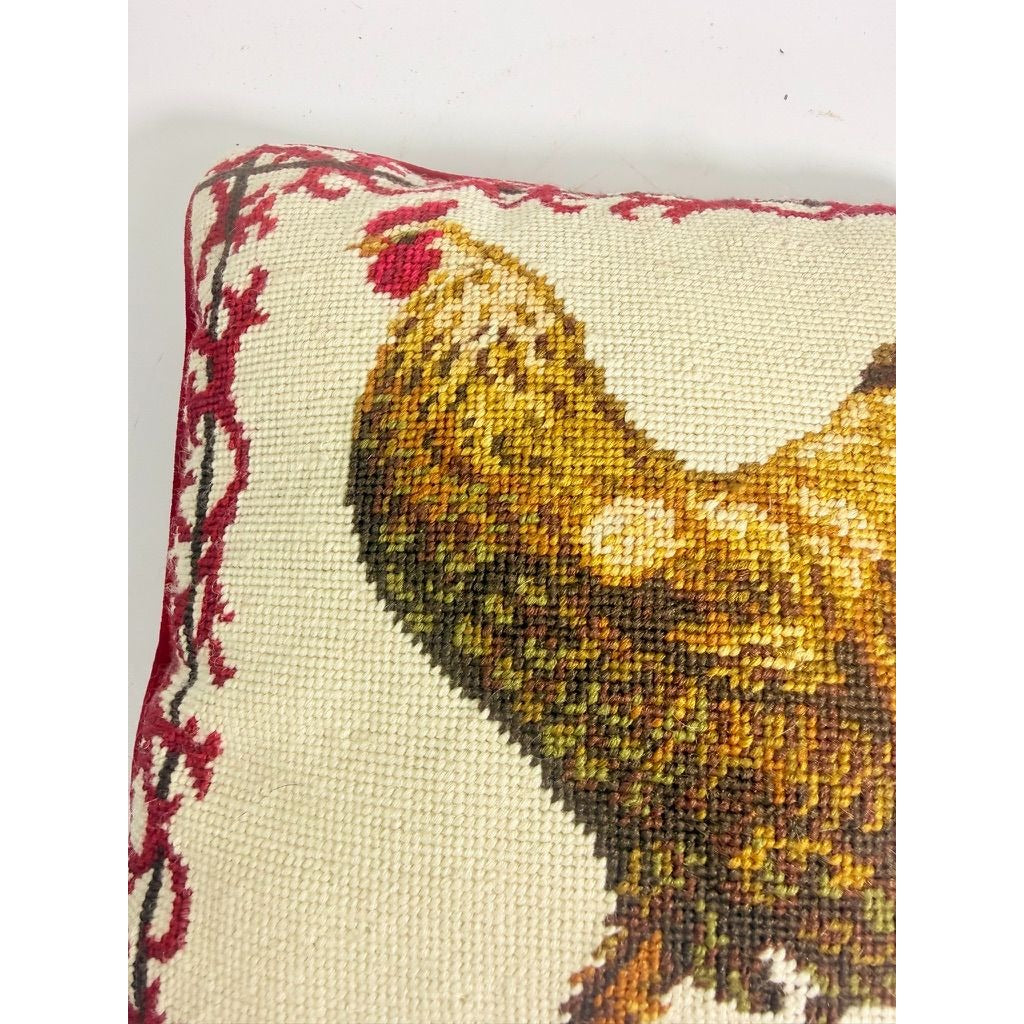 Throw Pillow Rooster Chicken Needlepoint Vintage Red Brown Velvet backed Farmhouse Cottage Core Traditional Home Decor Decorative Accents