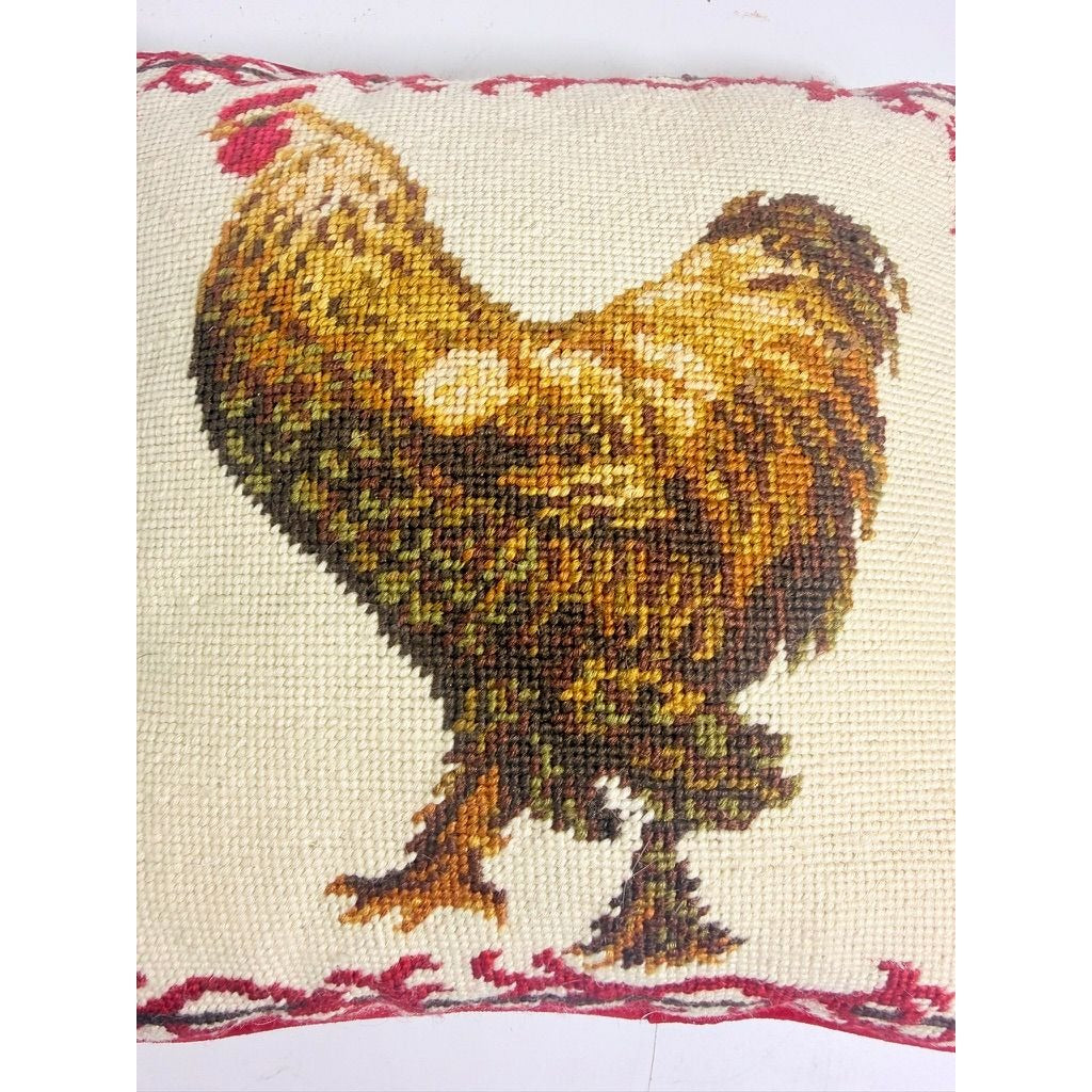 Throw Pillow Rooster Chicken Needlepoint Vintage Red Brown Velvet backed Farmhouse Cottage Core Traditional Home Decor Decorative Accents
