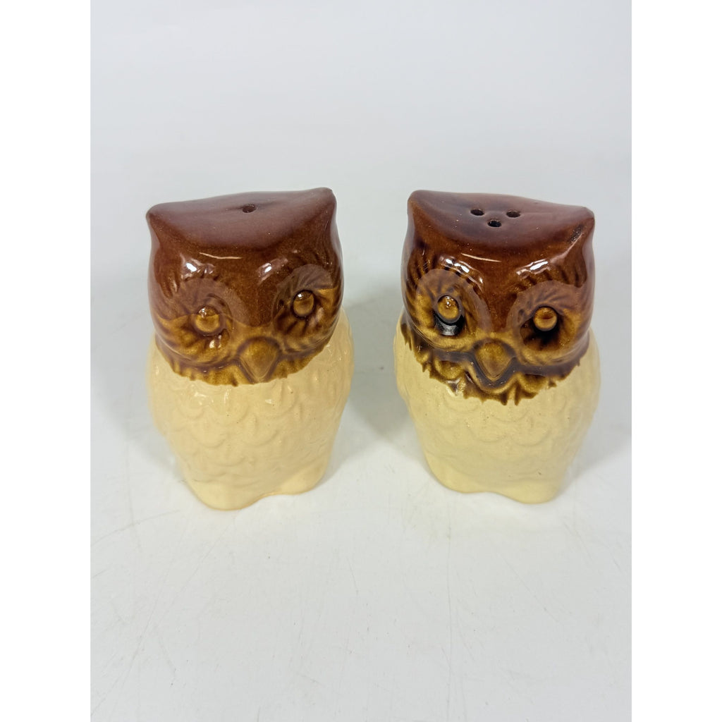 Pottery Owl Salt & Pepper Shakers  Brown Glaze Vintage Kitchenware Retro Collectible