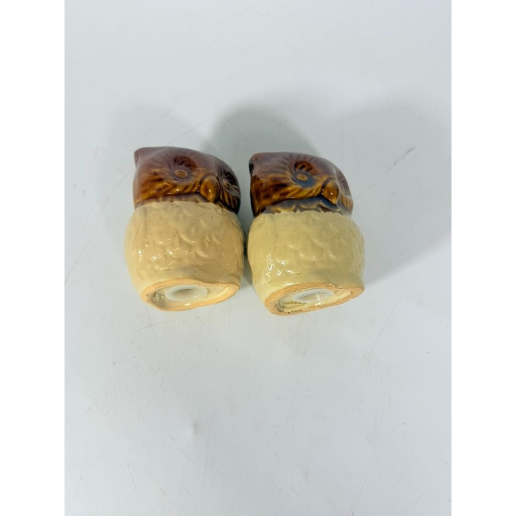 Pottery Owl Salt & Pepper Shakers  Brown Glaze Vintage Kitchenware Retro Collectible