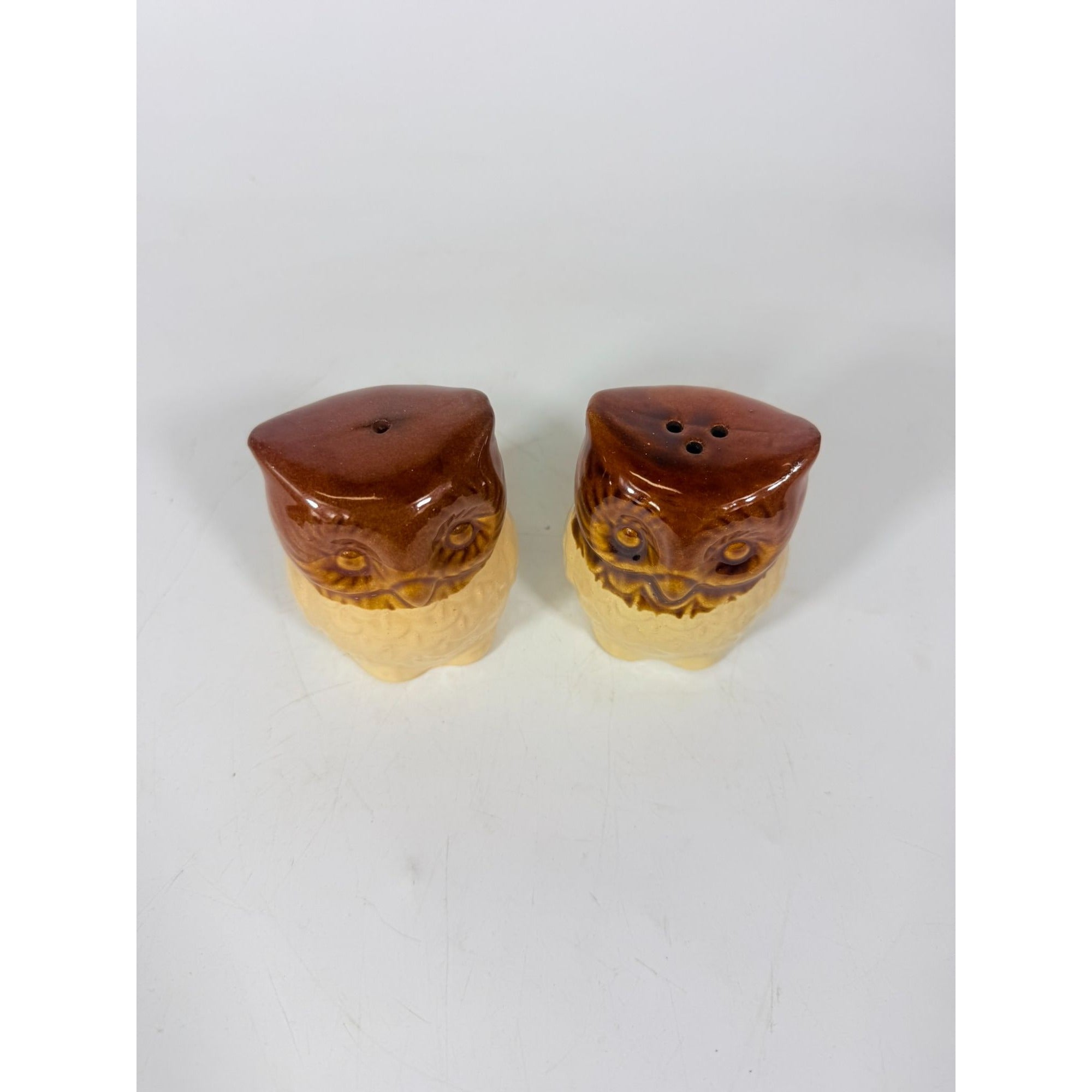 Pottery Owl Salt & Pepper Shakers  Brown Glaze Vintage Kitchenware Retro Collectible