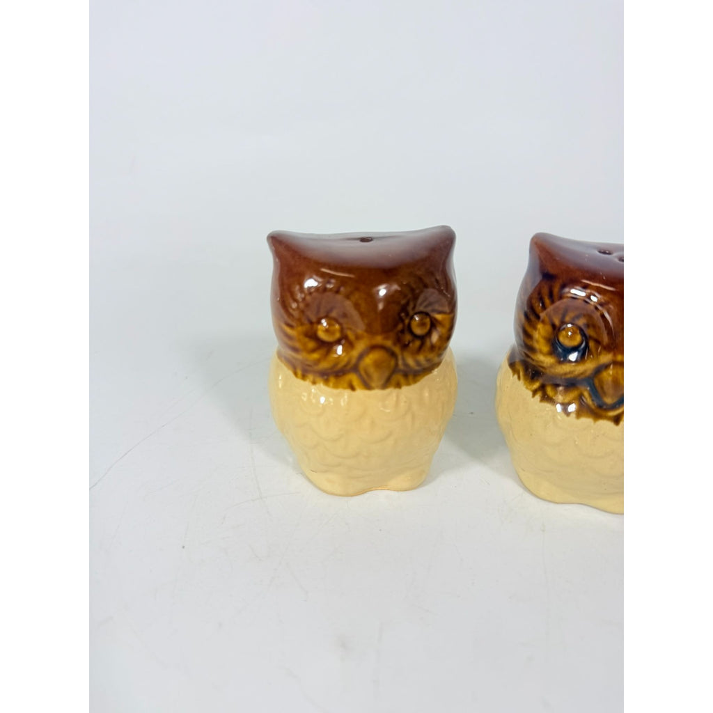 Pottery Owl Salt & Pepper Shakers  Brown Glaze Vintage Kitchenware Retro Collectible
