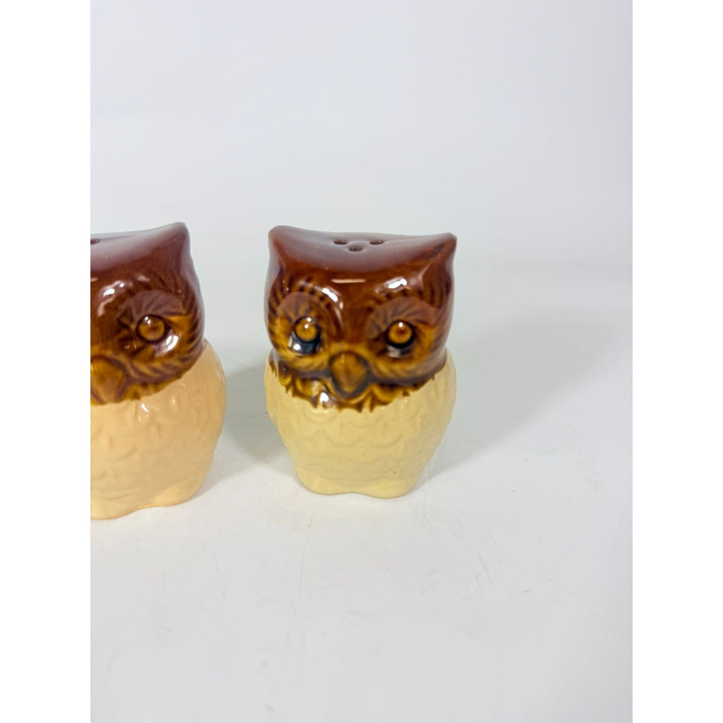 Pottery Owl Salt & Pepper Shakers  Brown Glaze Vintage Kitchenware Retro Collectible