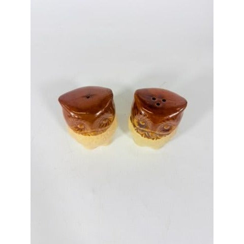 Pottery Owl Salt & Pepper Shakers  Brown Glaze Vintage Kitchenware Retro Collectible