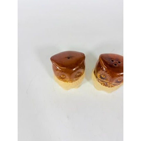 Pottery Owl Salt & Pepper Shakers  Brown Glaze Vintage Kitchenware Retro Collectible