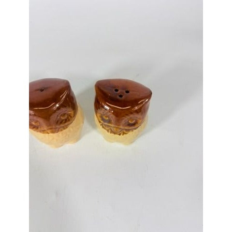 Pottery Owl Salt & Pepper Shakers  Brown Glaze Vintage Kitchenware Retro Collectible