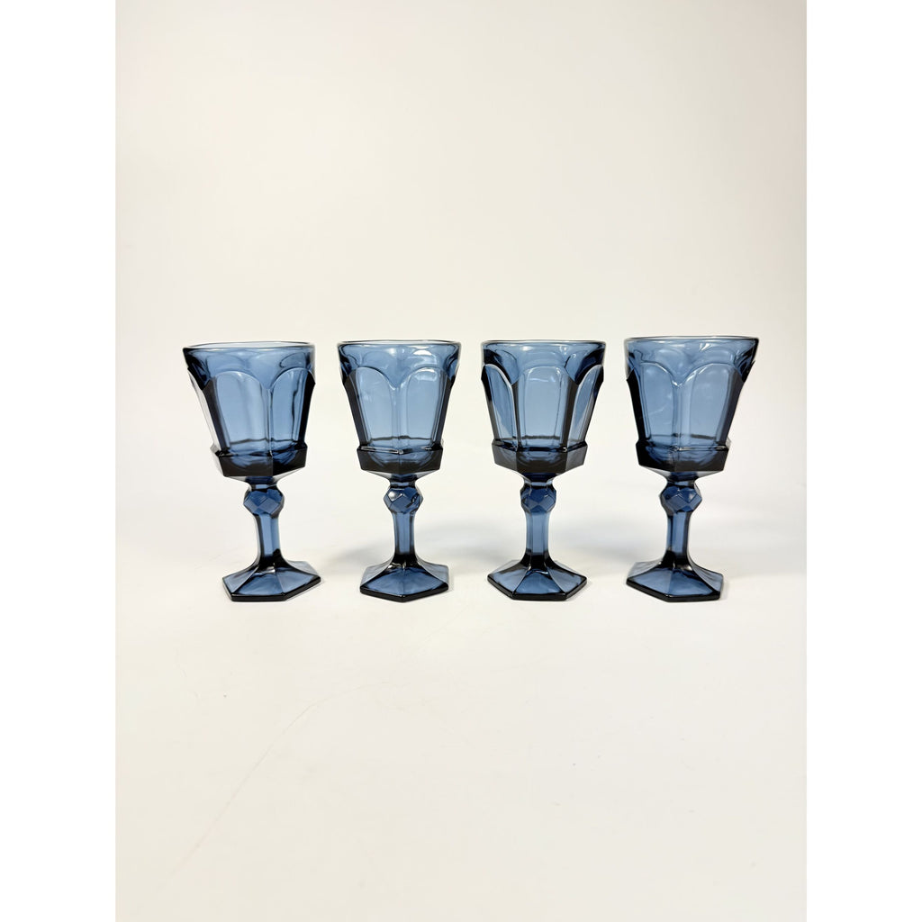 Wine Glass Goblet Set 4 Stemmed Claret Footed Vintage Fostoria Virginia Dark Blue Replacement Glassware Barware Drinkware