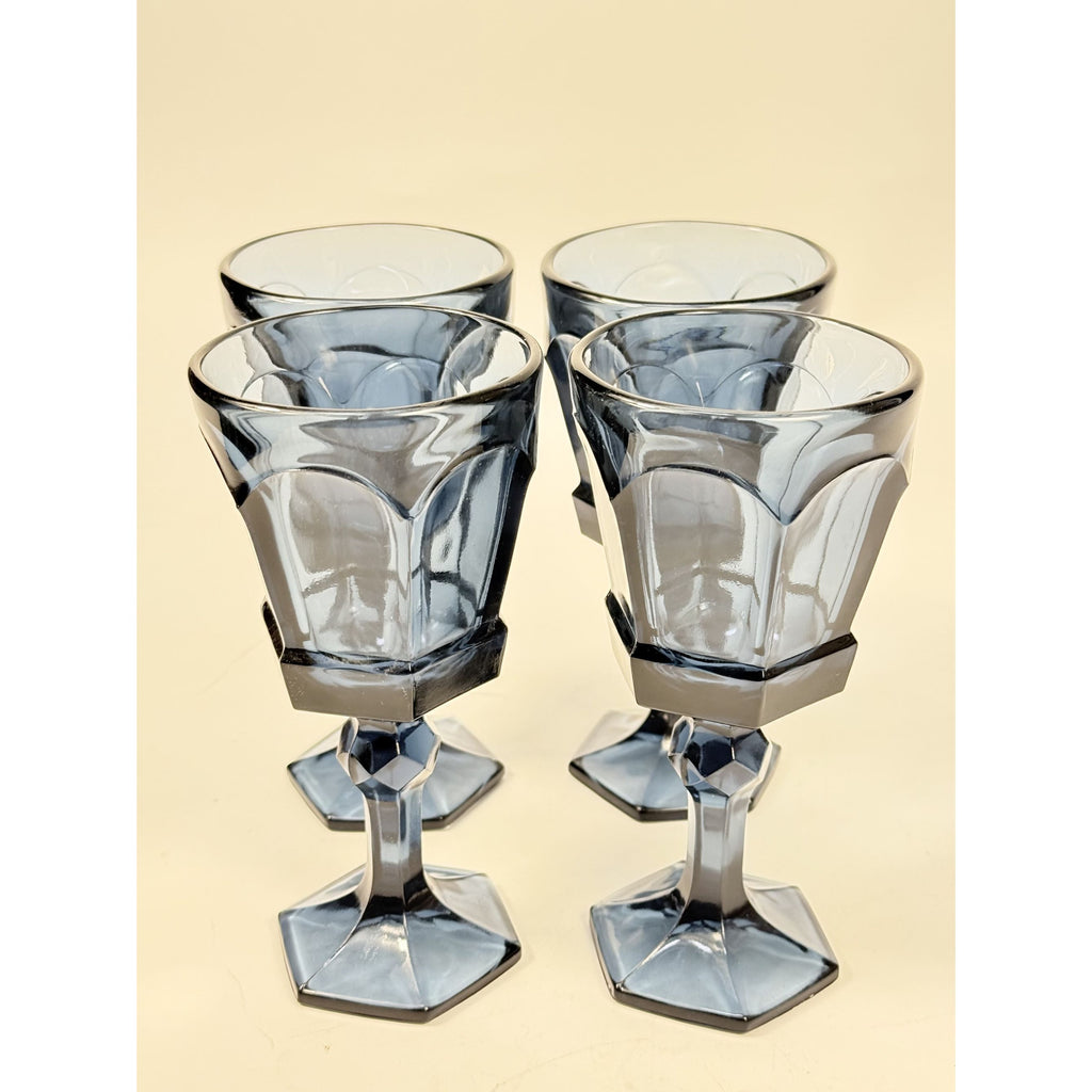 Wine Glass Goblet Set 4 Stemmed Claret Footed Vintage Fostoria Virginia Dark Blue Replacement Glassware Barware Drinkware