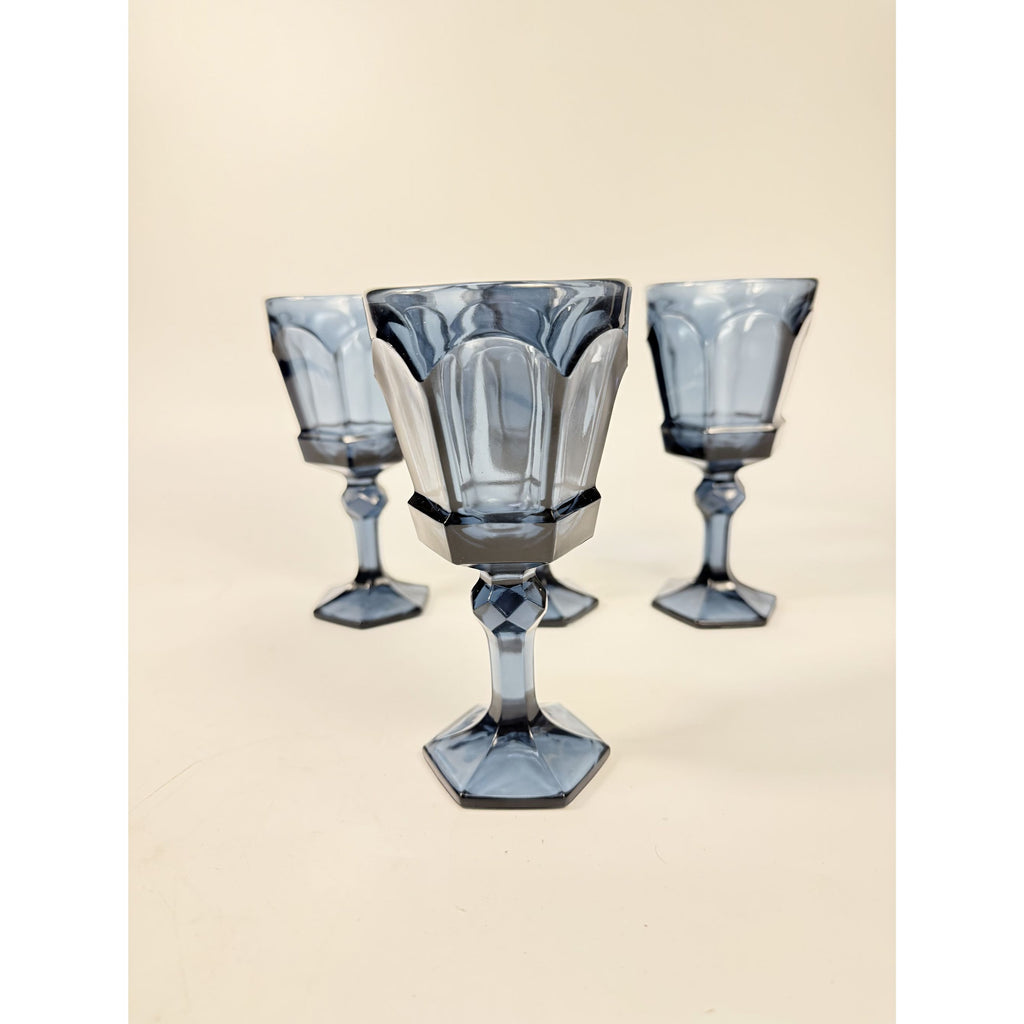 Wine Glass Goblet Set 4 Stemmed Claret Footed Vintage Fostoria Virginia Dark Blue Replacement Glassware Barware Drinkware