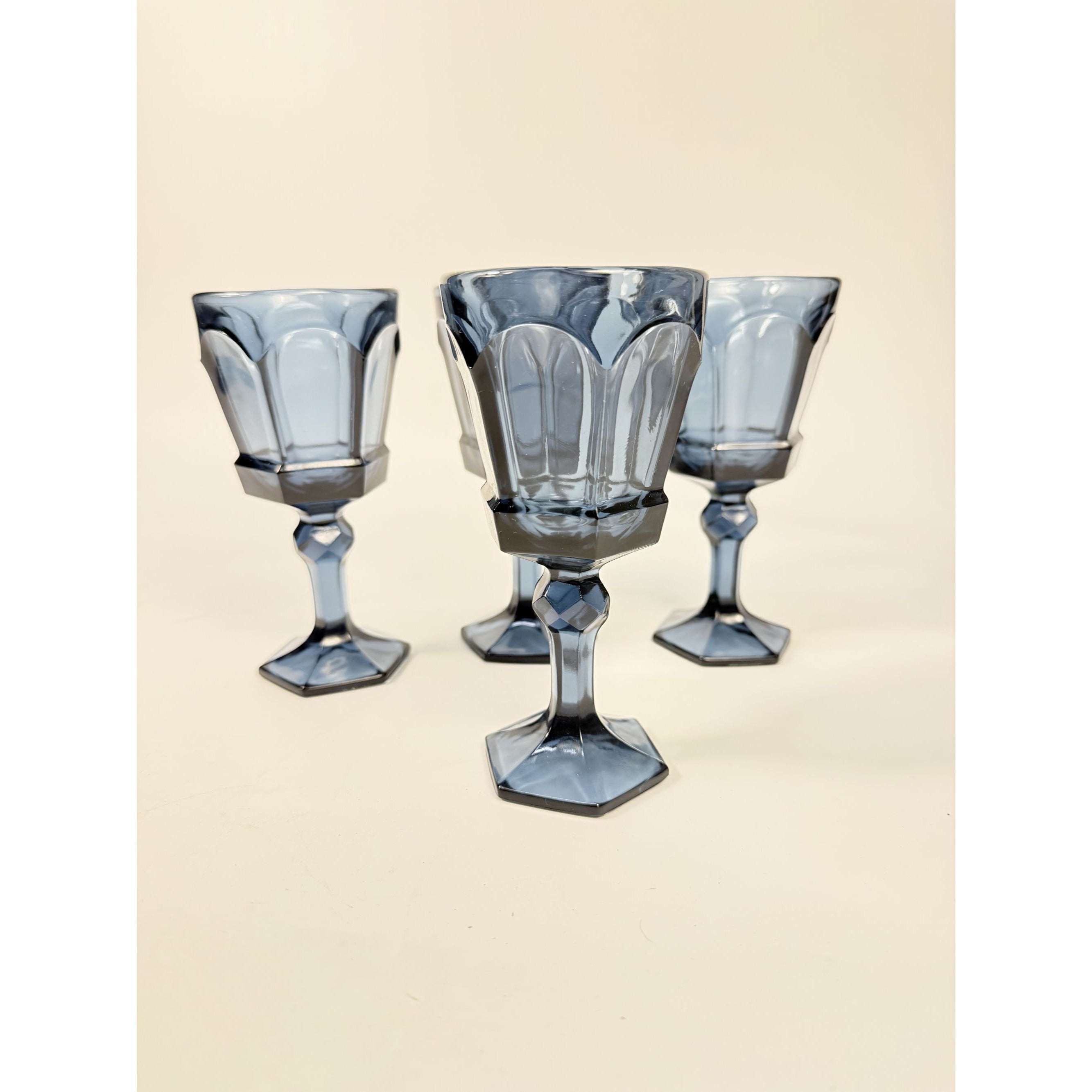 Wine Glass Goblet Set 4 Stemmed Claret Footed Vintage Fostoria Virginia Dark Blue Replacement Glassware Barware Drinkware