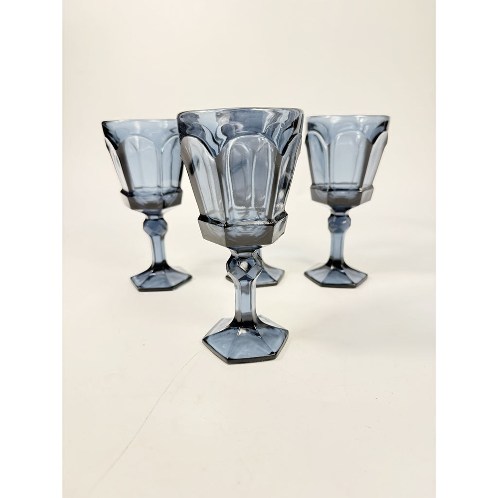 Wine Glass Goblet Set 4 Stemmed Claret Footed Vintage Fostoria Virginia Dark Blue Replacement Glassware Barware Drinkware