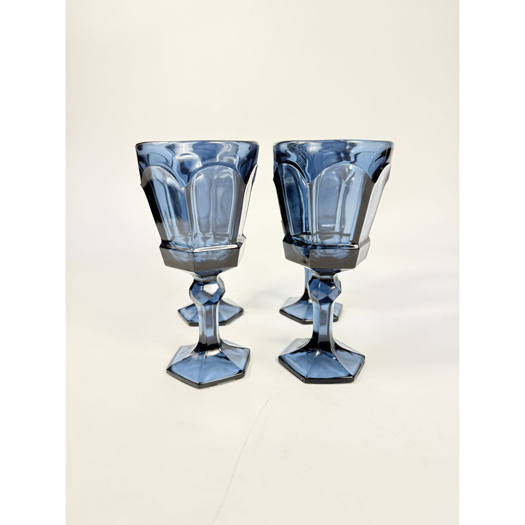 Wine Glass Goblet Set 4 Stemmed Claret Footed Vintage Fostoria Virginia Dark Blue Replacement Glassware Barware Drinkware