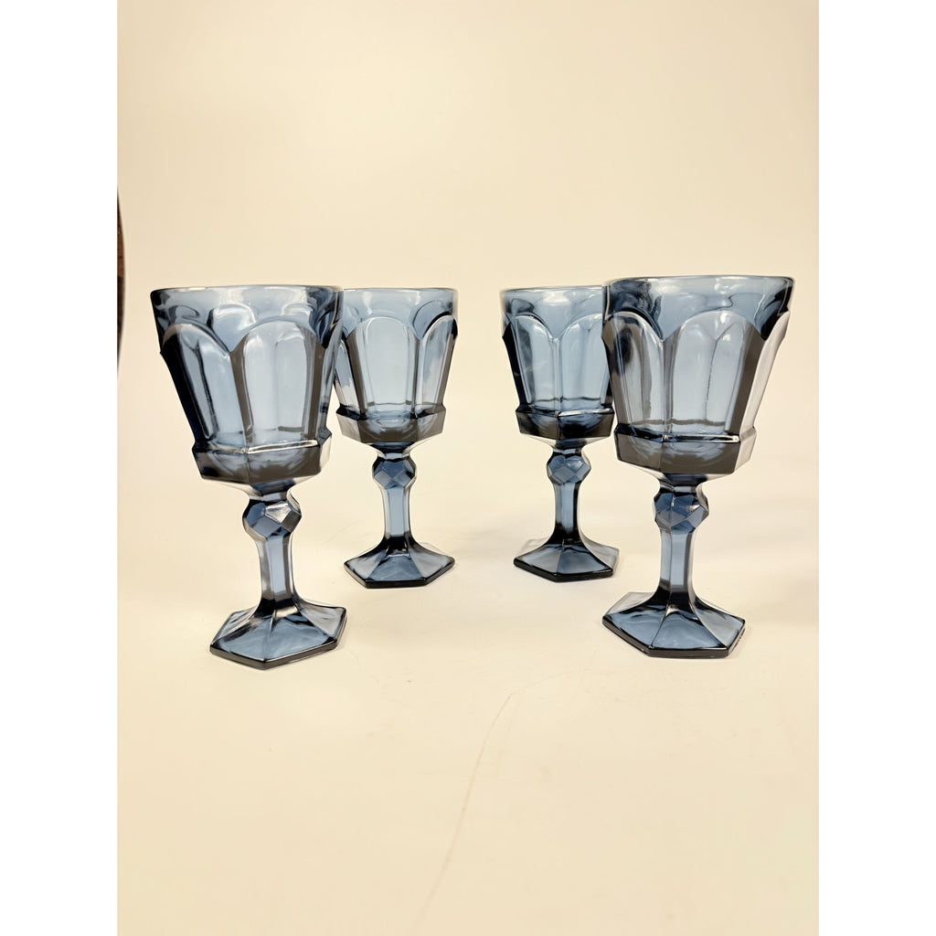 Wine Glass Goblet Set 4 Stemmed Claret Footed Vintage Fostoria Virginia Dark Blue Replacement Glassware Barware Drinkware